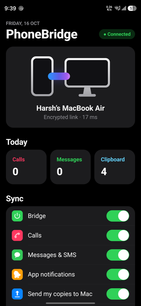 Kitbridge on a Samsung Galaxy S26 Ultra: connected to a MacBook Air over an encrypted link at 17 ms, with today’s counts and sync switches